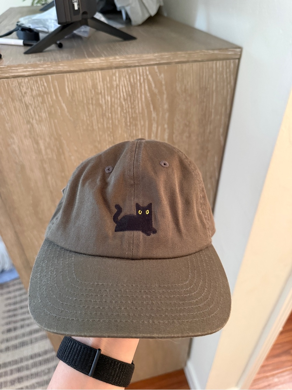 Olive Green Cat Embroidered Baseball Cap
